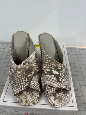 1.State Snakeskin-Print Open-Toe Block-Heel Mules Size 7 Beige & Brown